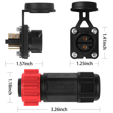 Beefed Up Trolling Motor Plug And Receptacle Set For 12V 24V 36V And 48V Boats, showing dimensions and waterproof cap.