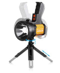 Rechargeable Spotlight Beast With 2,000,000 Lumens Handheld Large Flashlight on adjustable tripod stand in golden finish