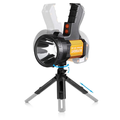 Rechargeable Spotlight Beast With 2,000,000 Lumens Handheld Large Flashlight on adjustable tripod stand in golden finish
