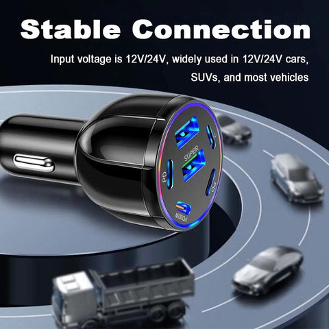 Six Port Car Charger Delivering Seventy Five Watts With Four Usb Type C And Two Classic Usb A Outlets, close-up view.
