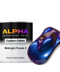 Premium Midnight Purple Automotive Base Coat Gallon with mixed in slow reducer, showing container and paint sample for custom finishes.