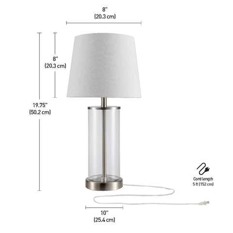 Maya 21 Inch Fillable Table Lamp With Clear Glass Base And White Linen Shade Coastal Transitional Style dimensions shown