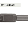 Hammer drill bit with 1-1/8 in hex shank; gray metal, close-up view