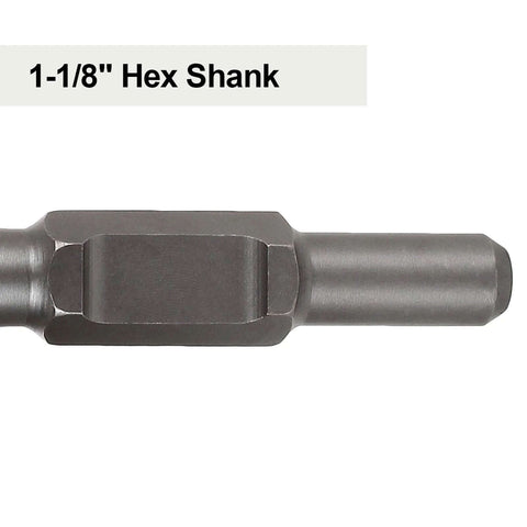 Hammer drill bit with 1-1/8 in hex shank; gray metal, close-up view