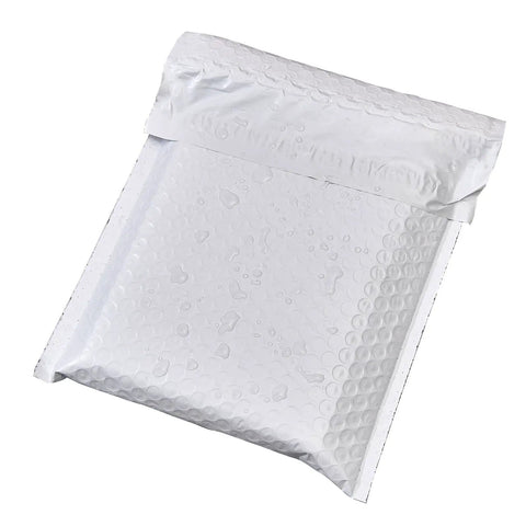 White Bubble Padded Poly Mailer Bags 9.5 X 13.5 Inches Self Seal Opaque Envelopes Tear Proof Water Resistant Lightweight Shipping Mailers Pack Of 10 Ready To Ship with visible water droplets indicating water resistance.