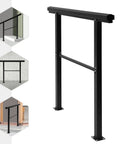 Badass Built Adjustable Stair Handrail Heavy Duty Zinc Steel Safety Railing With Sanded Finish And Mounting Hardware For Outside Steps And Porches Quick Bolt Up Setup shown from different angles and settings.
