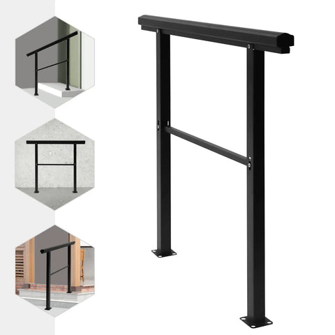 Badass Built Adjustable Stair Handrail Heavy Duty Zinc Steel Safety Railing With Sanded Finish And Mounting Hardware For Outside Steps And Porches Quick Bolt Up Setup shown from different angles and settings.
