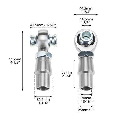 Heavy Duty Heim Joint Rod End Kit Three Quarter Inch Chromoly With Right And Left Hand Threads For Steering And Suspension Applications Load Capacity 28,081 Lbs Built To Take A Beating On Off Road, side view with dimensions