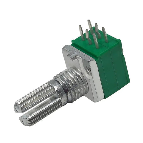 Close-up of a Ten Pack B50K 6 Pin Dual Linear Rotary Seal Potentiometer with 15mm shaft for amplifiers and DIY audio projects.
