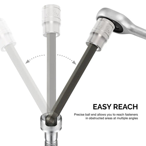 Extra Long Ball End Hex Bit Socket Set for Three Eighths Inch Drive to Handle Metric Fasteners From Three To Ten Millimeter demonstrating reach