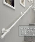No Sweat Install White Wrought Iron Handrail And Banister Bracket Kit 14 Foot Support Rod mounted on gray wall for stairs.