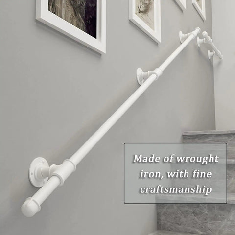 No Sweat Install White Wrought Iron Handrail And Banister Bracket Kit 14 Foot Support Rod mounted on gray wall for stairs.