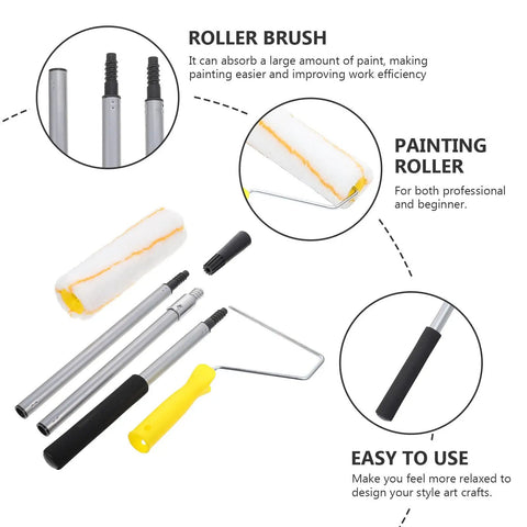 Kickass Detachable Microfiber Paint Roller Brush With Extended Telescopic Handle showing roller parts and handle for easy wall painting.