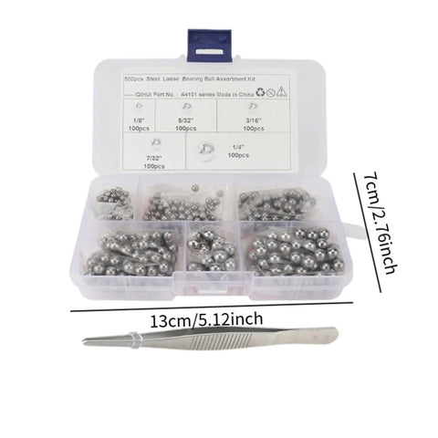 Pro Grade Bearing Balls Kit With Precision Steel Bearings In One Eighth To One Quarter Inch Sizes Plus Tweezers For Cars ATVs Mountain Bikes High Performance Maintenance Accessory Set, open case