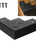 Black Metal Corner Protector 3.3 By 3.3 By 1 Inches For Wood Furniture And Doors 4 Pack Rust Resistant Zinc Alloy Edge Covers With Screws; shown installed on furniture corner.