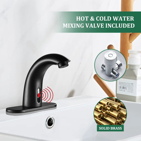 Touchless Bathroom Sink Faucet Matte Black With Automatic Sensor And Hands Free Water Saving Fixture For Commercial Use Battery Or 110V AC Powered 1 Or 3 Hole Installation installed on white sink with mixing valve