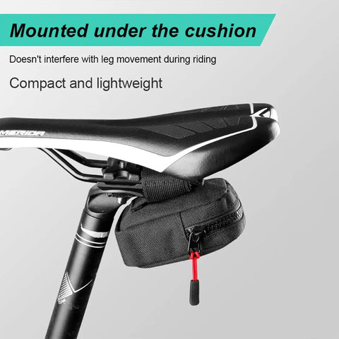 Compact Under Seat Cycling Saddle Bag For Road Bikes With Easy Access Zipper Keeps Your Ride Clutter Free Durable Water Resistant Storage Lightweight Secure Mount Handy On The Go For Essentials mounted under a bike seat