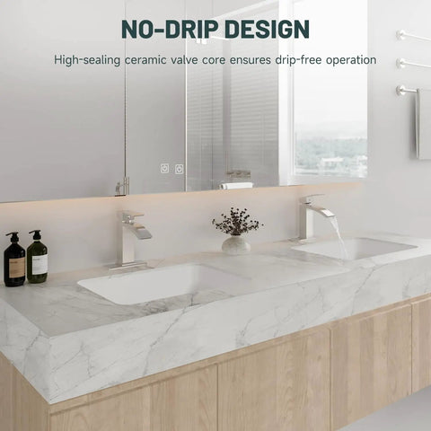 Brushed Nickel Sleek Waterfall Bathroom Faucet With Single Handle For One Hole Sink Brass Modern Commercial Faucet With Pop Up Drain And Supply Line Included on a marble countertop