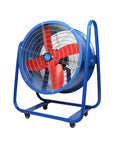 Heavy Duty 24 Inch Industrial Floor Fan Delivering Killer High Velocity Airflow With Easy Angle Tilt Sturdy Steel Frame Built For Hot Sheds And Serious Commercial Worksites, blue and red design.
