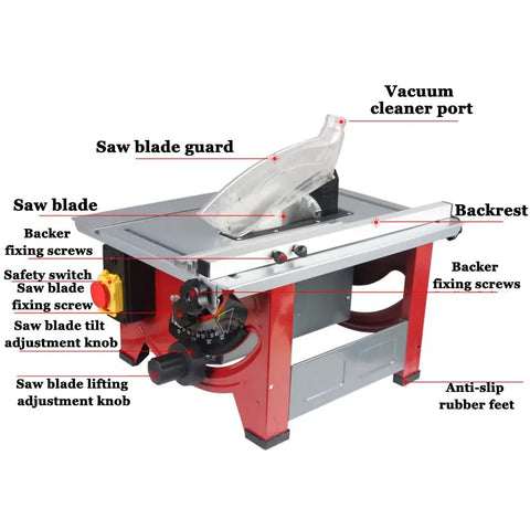 Slick Portable Bench Top Table Saw With Killer 4800 Rpm Motor Cuts Clean Fast For Easy Woodworking Setup showing detailed components and safety features.