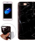 iPhone with black marble case and close-up showing phone fitting inside the case.