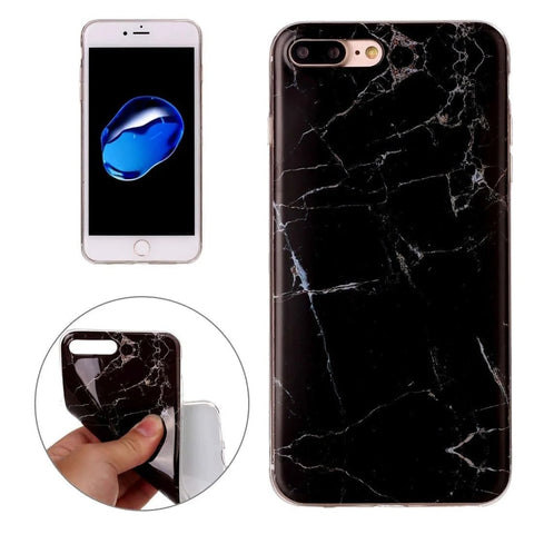 iPhone with black marble case and close-up showing phone fitting inside the case.