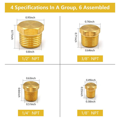 Diagram showing dimensions of Heavy Duty Brass Hex Pipe Plug Fittings Kit, 24 Pieces, NPT sizes 1/8 to 1/2 inch for plumbing