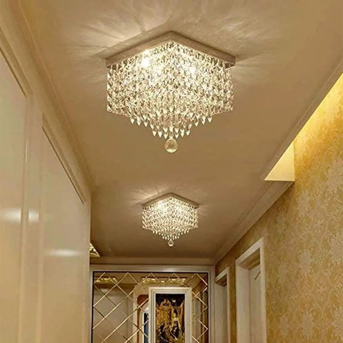 Crystal Chandelier For Hallways And Entryways, Modern Square Flush Mount Ceiling Light Fixture With Four Lights, Raindrop Crystal Drops, Ideal For Dining Rooms, Foyers, Closets And Hallways Showstopping Style.
