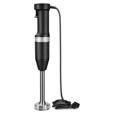 Heavy Duty Variable Speed Corded Hand Blender With Removable Pan Guard And Sharp Stainless Blades For Smooth Soups Hummus And Shakes, black color, upright position.