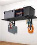 Heavy Duty Wall Mount Garage Shelf Set 2 Pack, 16x38 Inches, Solid Metal Floating Shelves With Power Tool Storage installed on wall