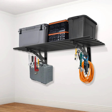 Heavy Duty Wall Mount Garage Shelf Set 2 Pack, 16x38 Inches, Solid Metal Floating Shelves With Power Tool Storage installed on wall
