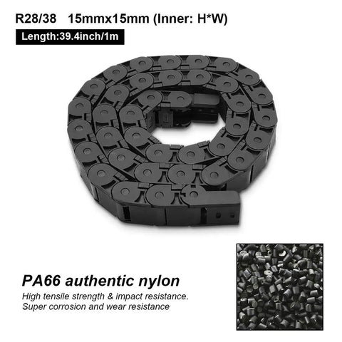 15x15mm Semi Enclosed Drag Chain Cable Carrier For CNC Machines - Black Plastic, 1 Meter Length, R28/38 Bend Radius