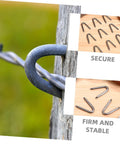 Close-up of 1 Bag U Shaped Fence Staples Durable Fasteners For Chicken Wire And Hardware Cloth With Quick And Easy Install No Fuss For Fencing Projects On Farms And Gardens securing wire to wood post.