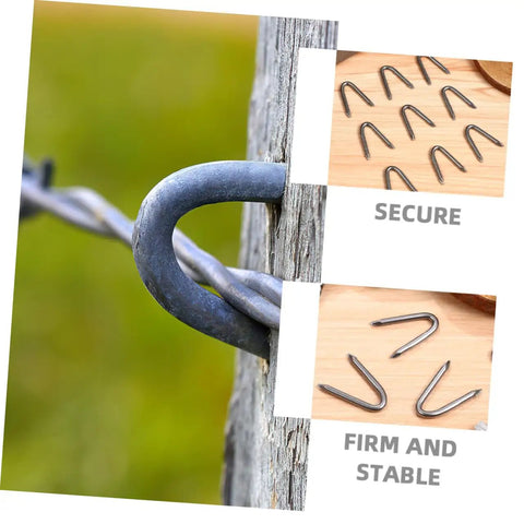 Close-up of 1 Bag U Shaped Fence Staples Durable Fasteners For Chicken Wire And Hardware Cloth With Quick And Easy Install No Fuss For Fencing Projects On Farms And Gardens securing wire to wood post.