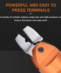 Close-up of Heavy Duty No Brainer Pneumatic Wire Terminal Crimper For Electrical Connectors with steel jaws and ergonomic grip.