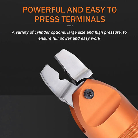 Close-up of Heavy Duty No Brainer Pneumatic Wire Terminal Crimper For Electrical Connectors with steel jaws and ergonomic grip.
