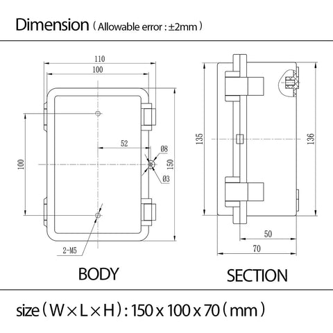 Technical drawing of Weatherproof Junction Box All Weather Ready Outdoor Indoor ABS Plastic IP65 Enclosure With Hinged Lid 5.9x3.9x2.8 Inches Grey Rubber Gasket And Two Plastic Latches For Superior Seal showing dimensions in millimeters.