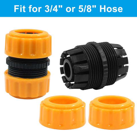 Garden Hose Repair Kit With 5/8 And 3/4 Inch Fittings, Quick Connect Hose Connectors For Leaks And Extender shown in orange and black