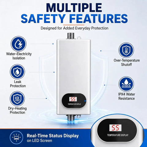Compact Tankless Electric Water Heater Brings Straight Up Instant Hot Water On Demand Featuring A Slick Led Display and safety features