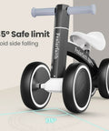 Toddler Balance Bike With Four Colorful LED Wheels That Light Up When They Move No Batteries Needed Great First Bike For 10 To 36 Month Boys And Girls Black, side view showing 135° safe limit and handlebars.