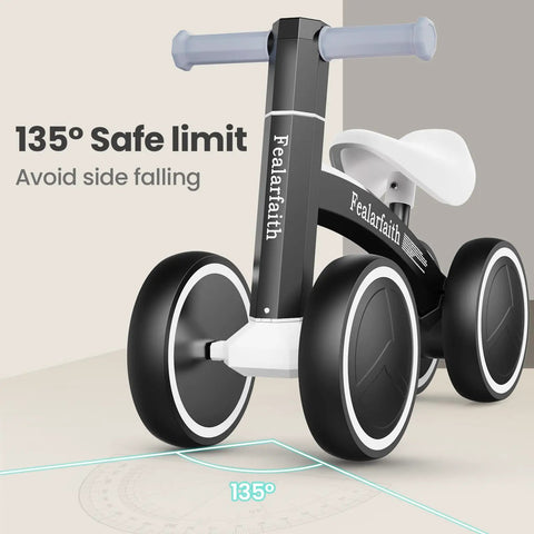 Toddler Balance Bike With Four Colorful LED Wheels That Light Up When They Move No Batteries Needed Great First Bike For 10 To 36 Month Boys And Girls Black, side view showing 135° safe limit and handlebars.