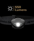 Vizz Headlamp 550 Lumen Dimmable LED With IPX7 Waterproof Seal, showing bright white light and adjustable strap.