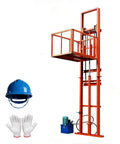 Heavy Duty Hydraulic Scissor Lift Table 2200 Lbs Capacity 33 Ft Height with control motor, safety gloves and helmet for operation.