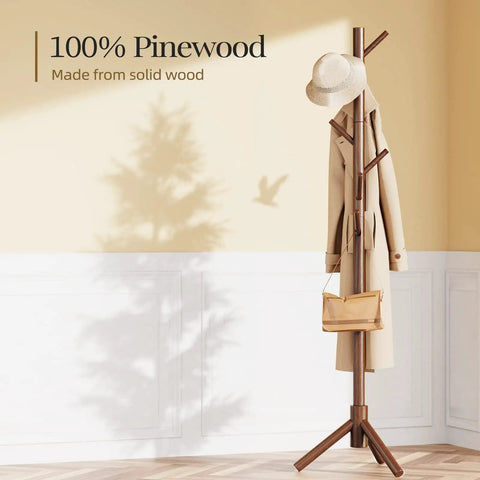 Sturdy Wooden Coat Tree With Eight Hooks Height Adjustable At 39.8 54.3 And 68.9 Inches Hat Stand For Bedroom Office Or Entryway