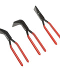 Three Piece Sheet Metal Bending Pliers Set Pro Grade With Straight 45 Degree And 90 Degree Jaws shown with red handles