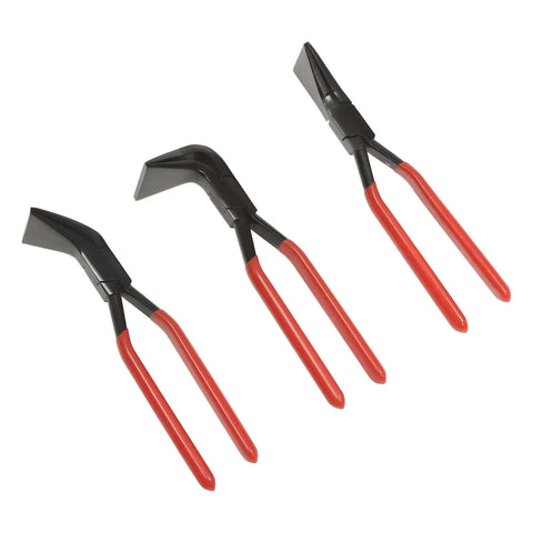 Three Piece Sheet Metal Bending Pliers Set Pro Grade With Straight 45 Degree And 90 Degree Jaws shown with red handles