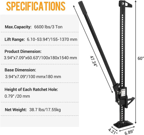 60 Inch High Lift Farm Jack 7000 Lb Ratcheting Off Road Utility Jack For Tractors And Trucks specifications chart