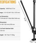 60 Inch High Lift Farm Jack 7000 Lbs Ratcheting Off Road Utility Jack For Tractor And Truck with dimensions and specs, black.