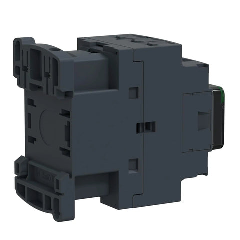 Side view of Beefy 120V AC Coil 3-Pole Non Reversing Contactor with 1 NO and 1 NC auxiliary contacts, 12 Amp inductive rating.