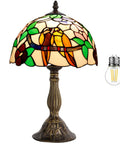 Tiffany Style Stained Glass Table Lamp With Dope Double Tropical Birds, Bedside Desk Reading Light For Bedroom, Living Room And Home Office Decor, 12x12x18 Inches featuring colorful bird motif and bronze base.